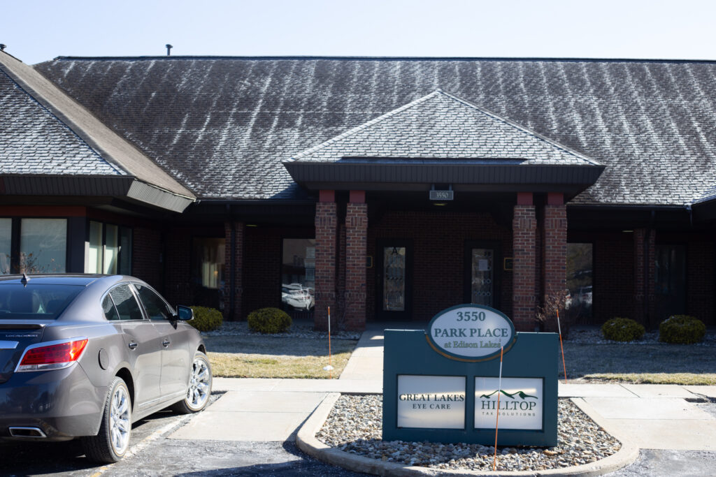 Picture showing Great Lakes Eye Care's Mishawaka building and the sign in front